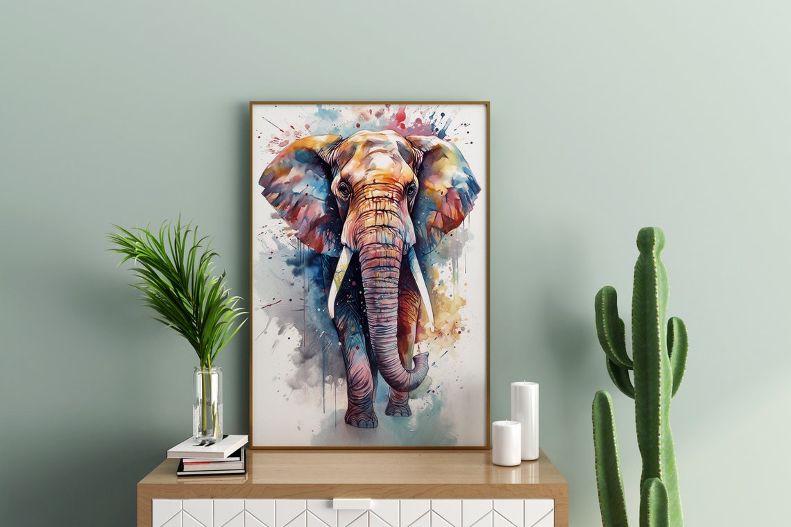 Colorful Elephant Face Watercolor Splash Wildlife Portrait Poster - Image 3