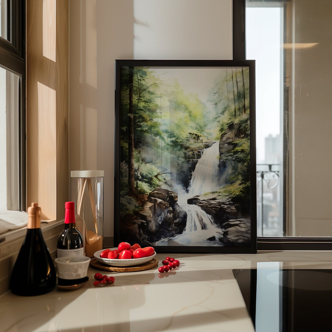 Forest Waterfall Watercolor Green Misty Rocks River Scene Poster - Image 5