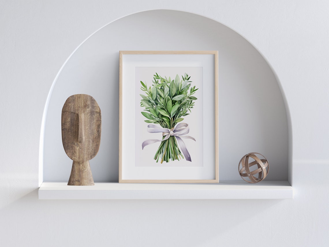 Green Herb Bunch Tied With Ribbon Watercolor Kitchen Art Poster - Image 4