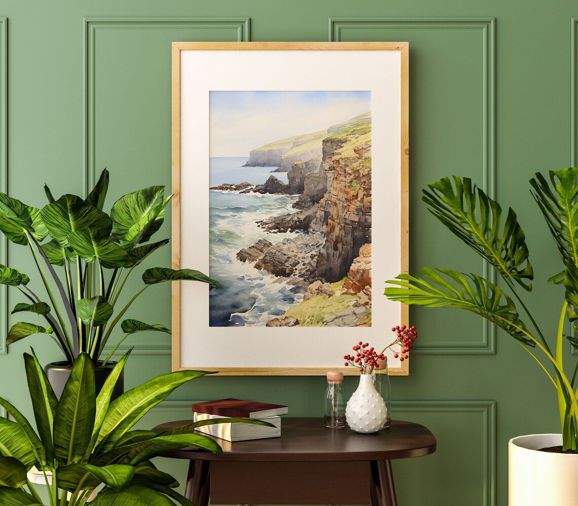 Rocky Coastal Cliffs Watercolor Seascape Ocean Shore Art Poster - Image 3