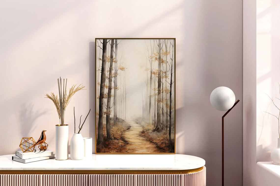 Golden Autumn Forest Path Watercolor Painting Poster for Cozy Fall Decor - Image 4