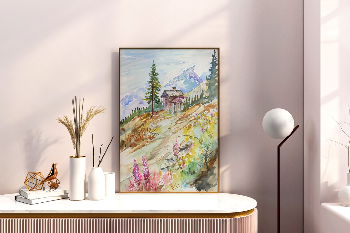 Mountain Cabin Watercolor Alpine Wildflowers Summer Art Poster - Image 3
