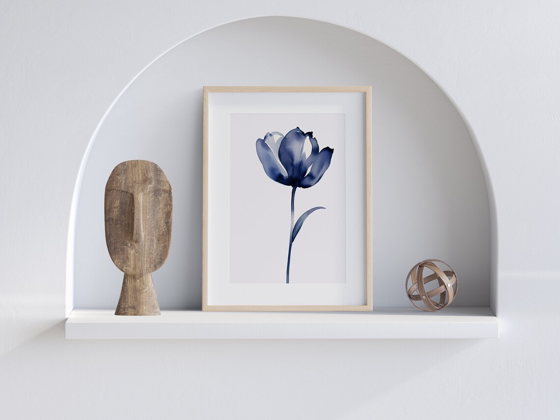 Blue Tulip Watercolor Single Stem Flower Minimalist Botanical Art Poster - Image 5