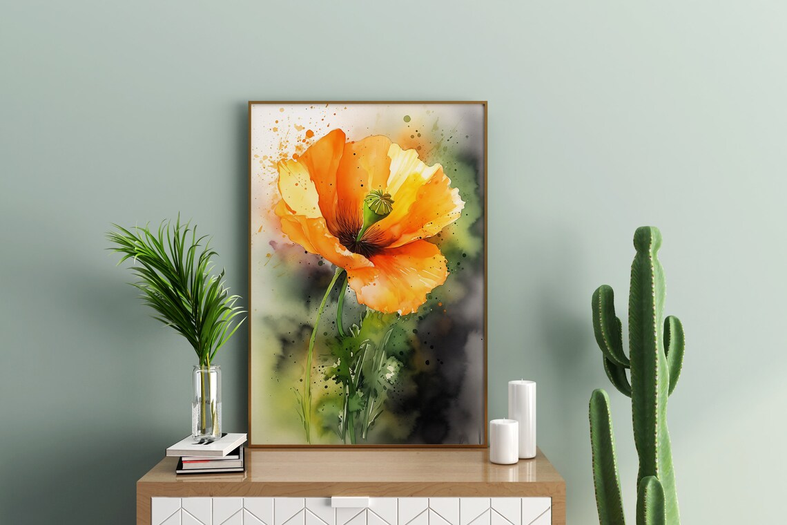 Golden California Poppy Bloom Watercolor Orange Flower Art Poster - Image 5