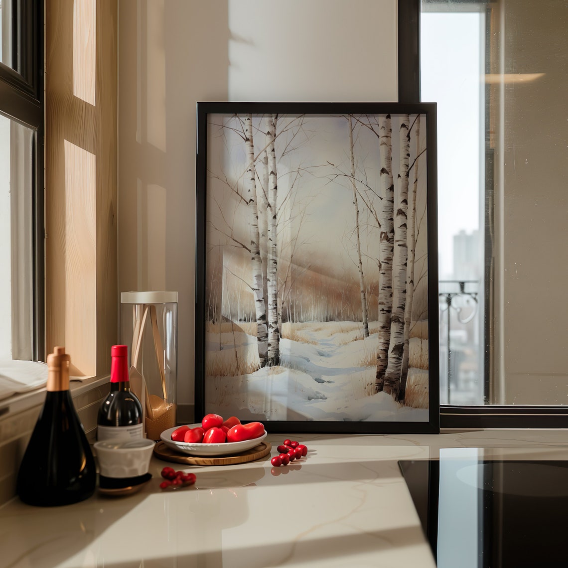 Birch Trees in Snow Watercolor Autumn Winter Glow Art Poster - Image 3