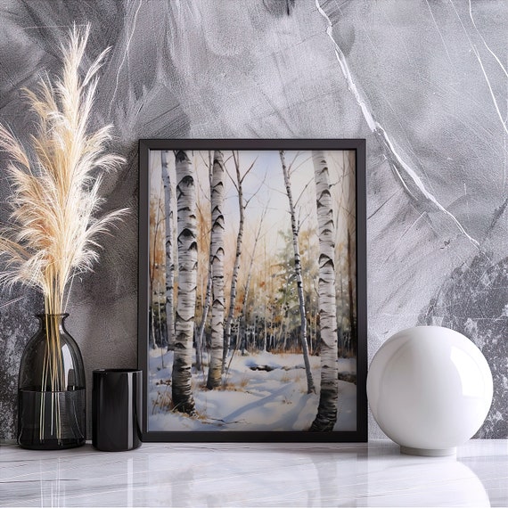 Birch Trees Painting Wall Art Poster Watercolor Colorful Forest Landscape Illustration Nature Minimalist Decor Farm House