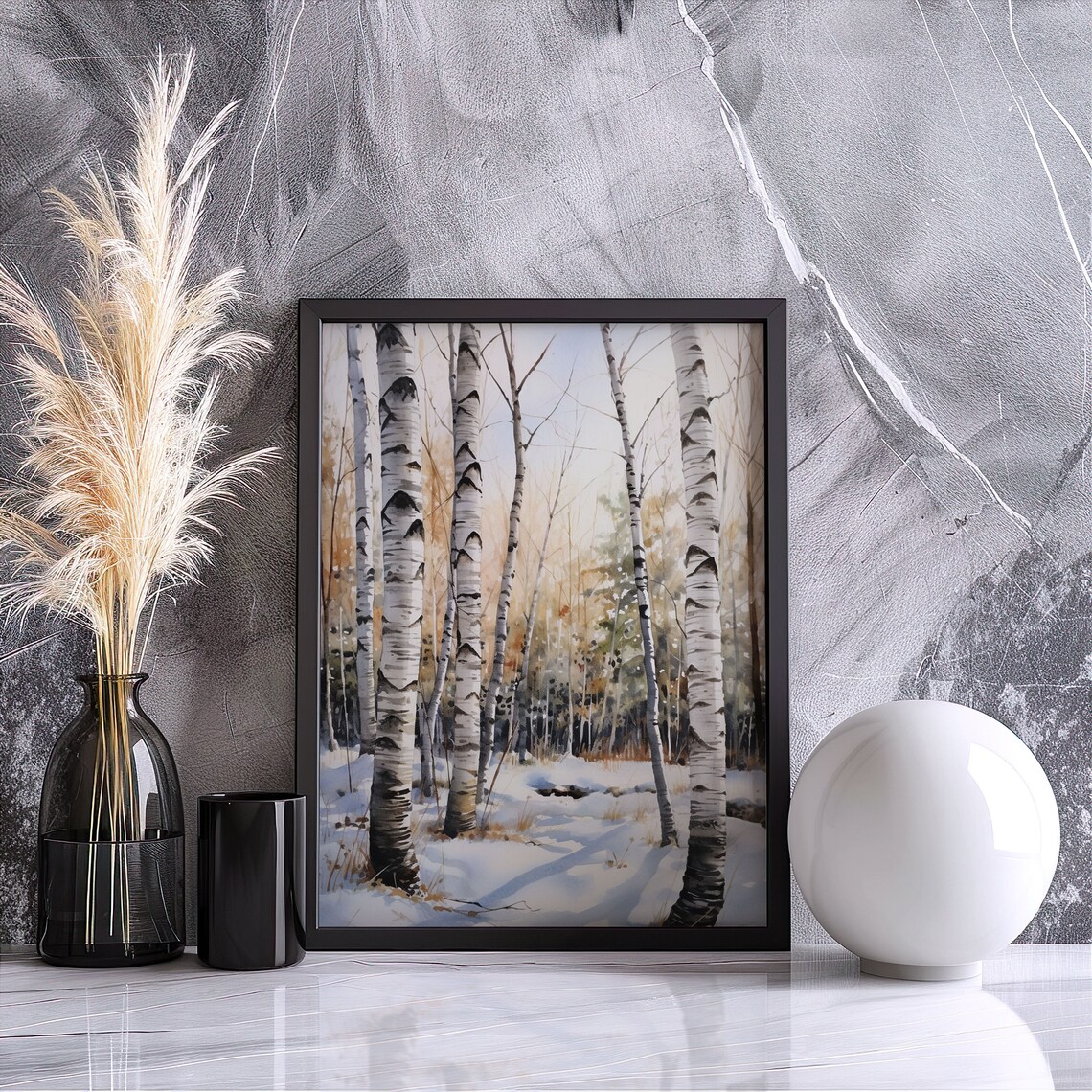Snowy Birch Trees Watercolor Golden Winter Forest Scene Poster