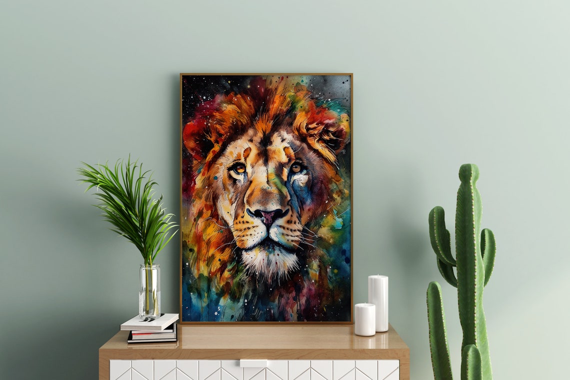 Lion Colorful Watercolor Portrait Fiery Mane Dark Splash Art Poster - Image 3