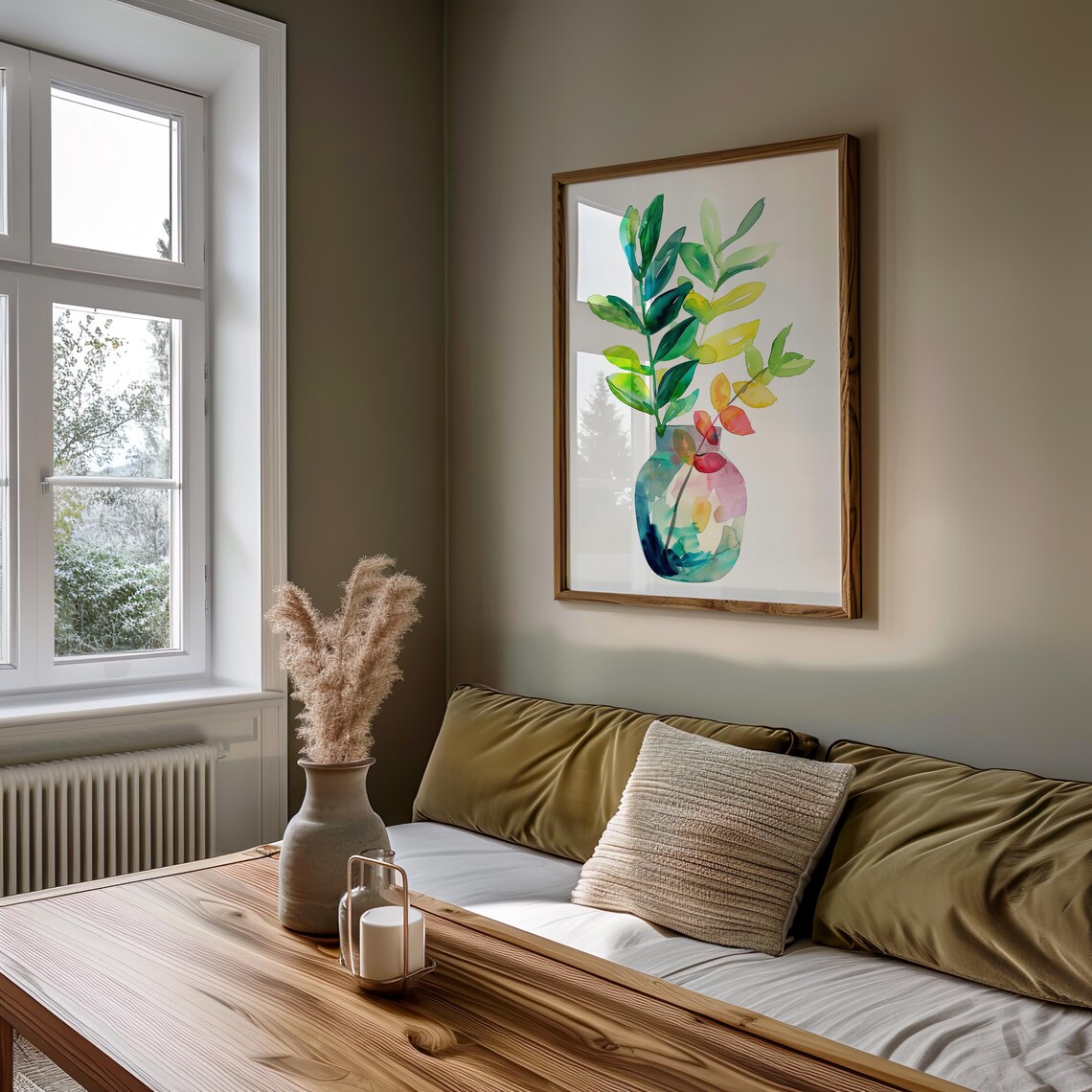 Colorful Garden Leaves in Glass Vase Watercolor Still Life Poster - Image 3