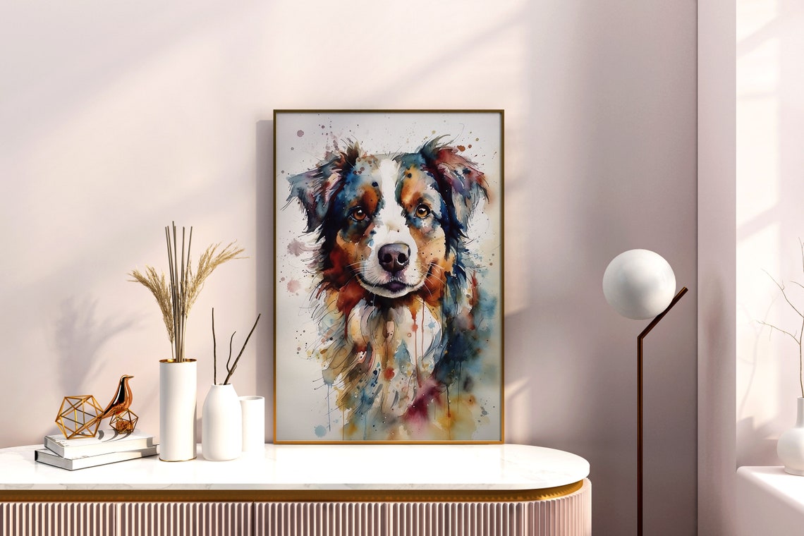 Australian Shepherd Watercolor Dog Portrait Colorful Pet Art Poster - Image 5
