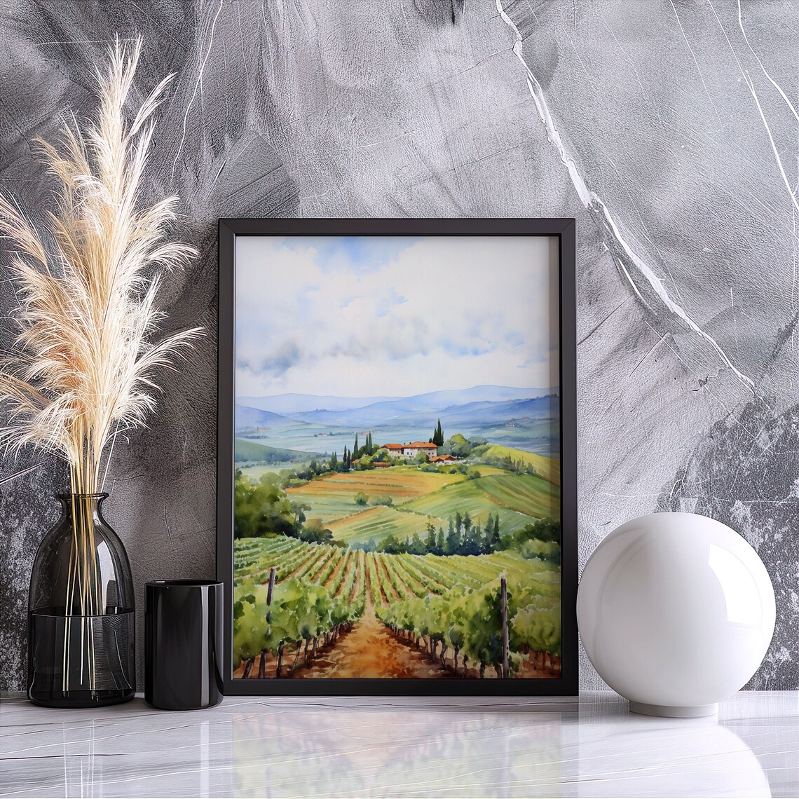 Rolling Vineyard Hills Villa Watercolor Italian Countryside Landscape Poster - Image 4