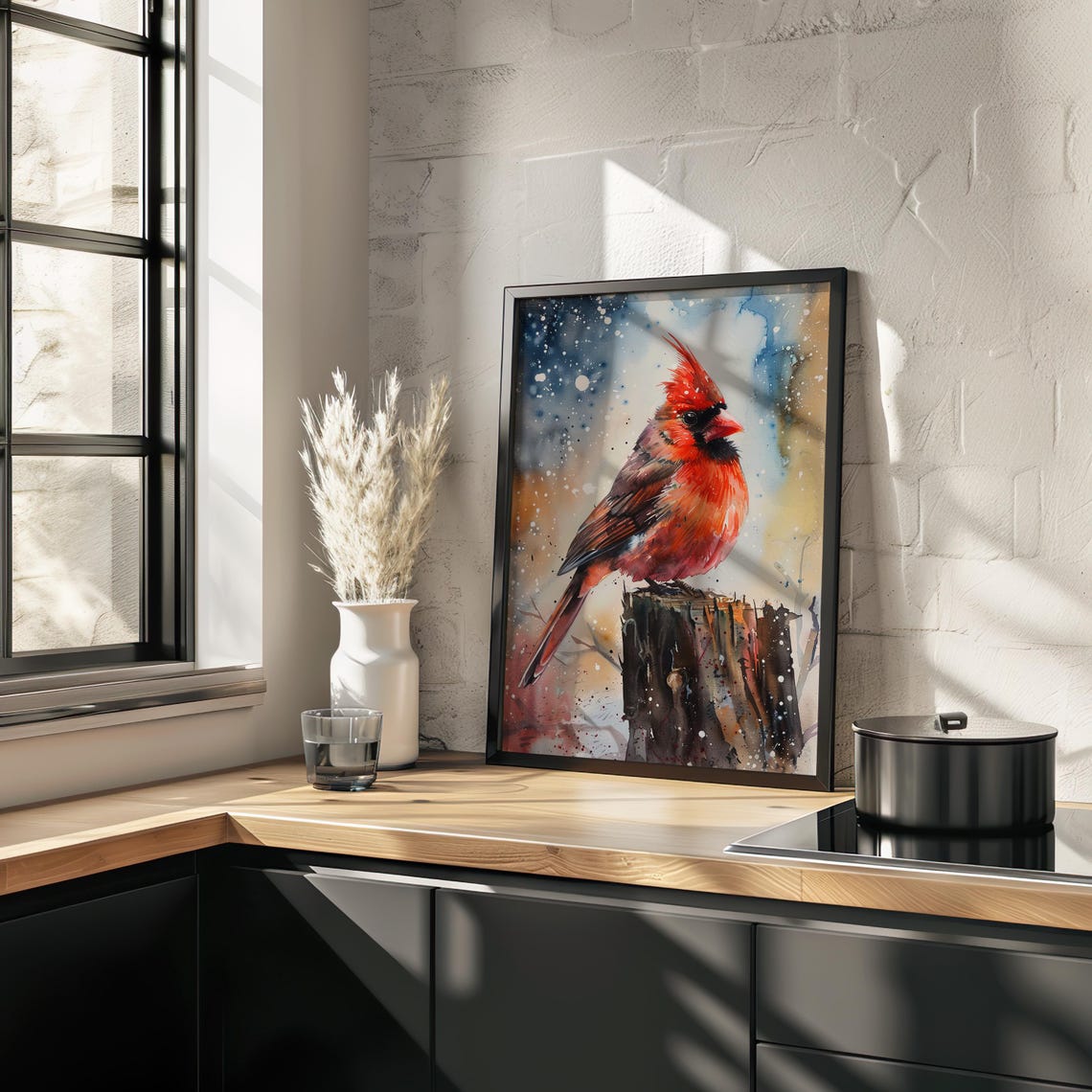Red Cardinal Snow Watercolor Bird Perched Winter Bird Art Poster - Image 2