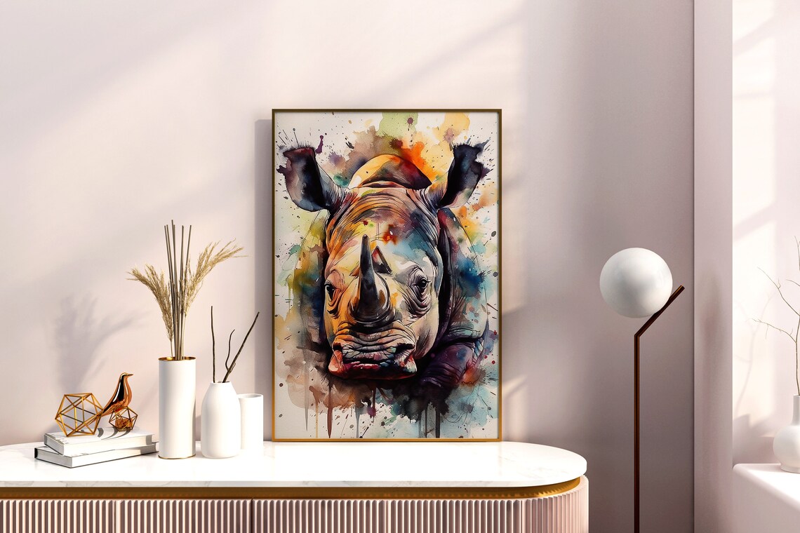Colorful Rhino Watercolor Portrait Bold Wildlife Animal Art Poster - Image 5