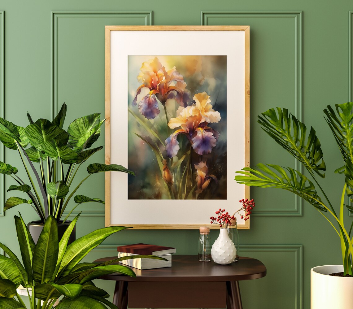 Orange Yellow Purple Iris Flowers Golden Watercolor Botanical Poster - Image 4