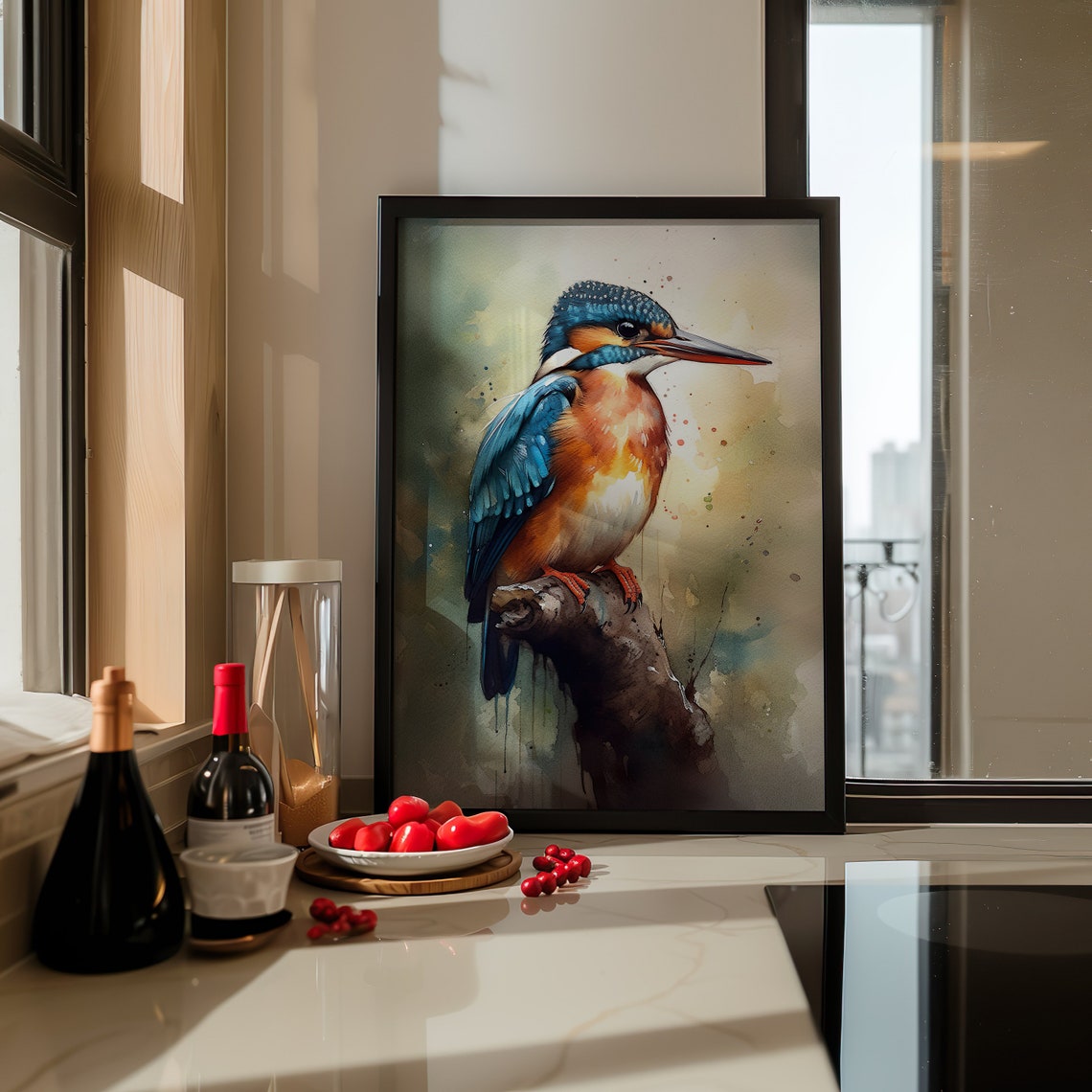 Common Kingfisher Watercolor Perched Branch Vibrant Bird Poster - Image 3
