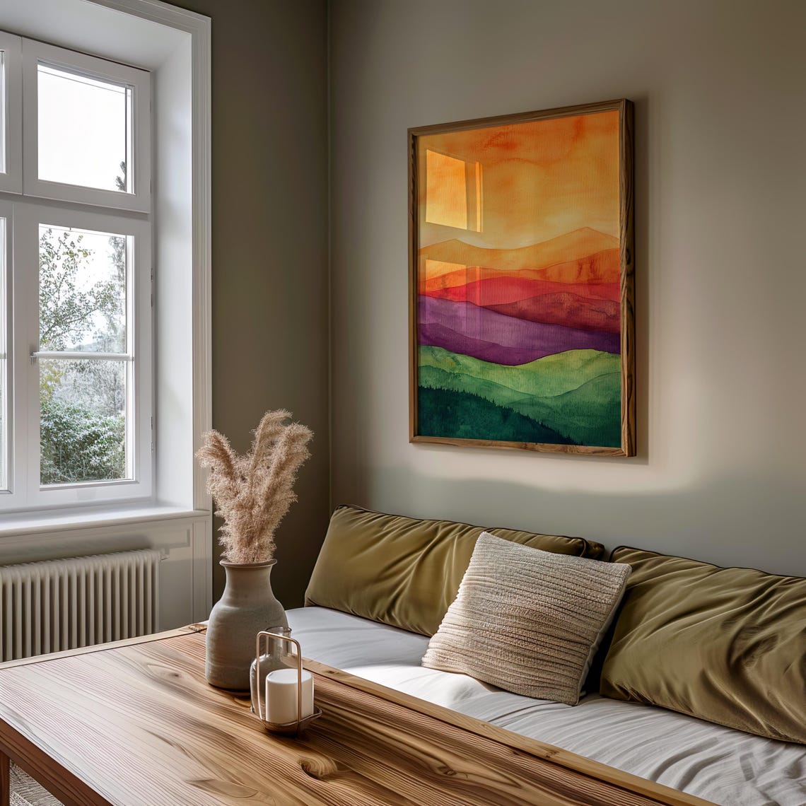 Rainbow Mountain Sunset Watercolor Layered Hillside Art Poster - Image 5