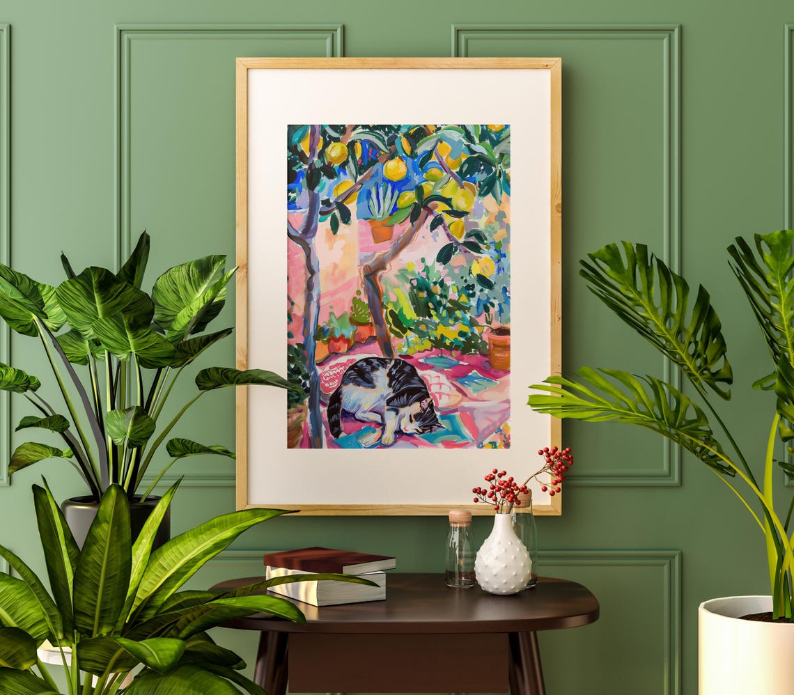 Sleeping Cat Lemon Tree Garden Colorful Painterly Cat Art Poster - Image 4