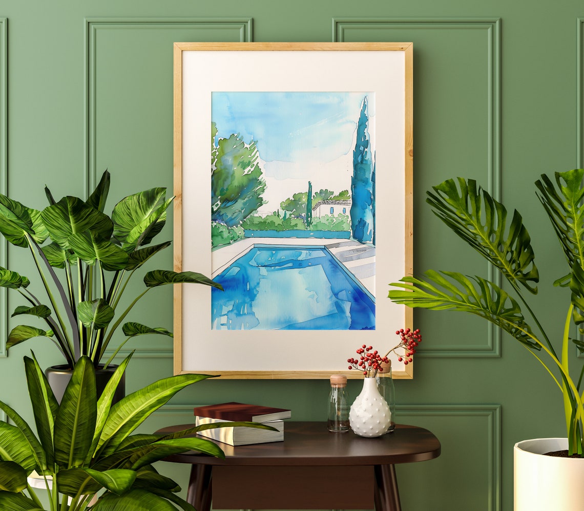 Blue Swimming Pool Watercolor Villa Garden Summer Art Poster - Image 2