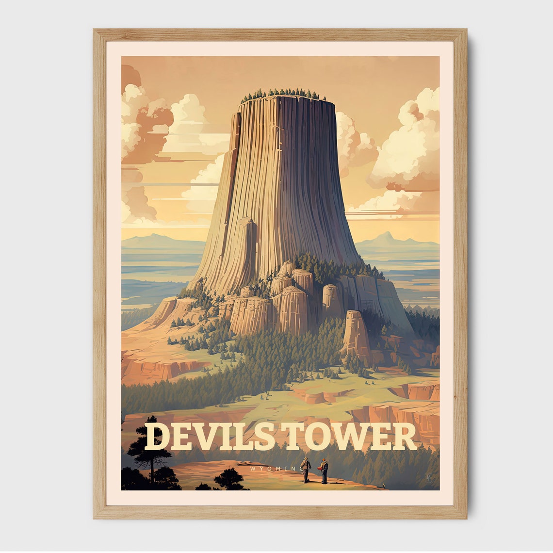 Devils Tower Wyoming Columnar Rock Formation Climbers Travel Poster