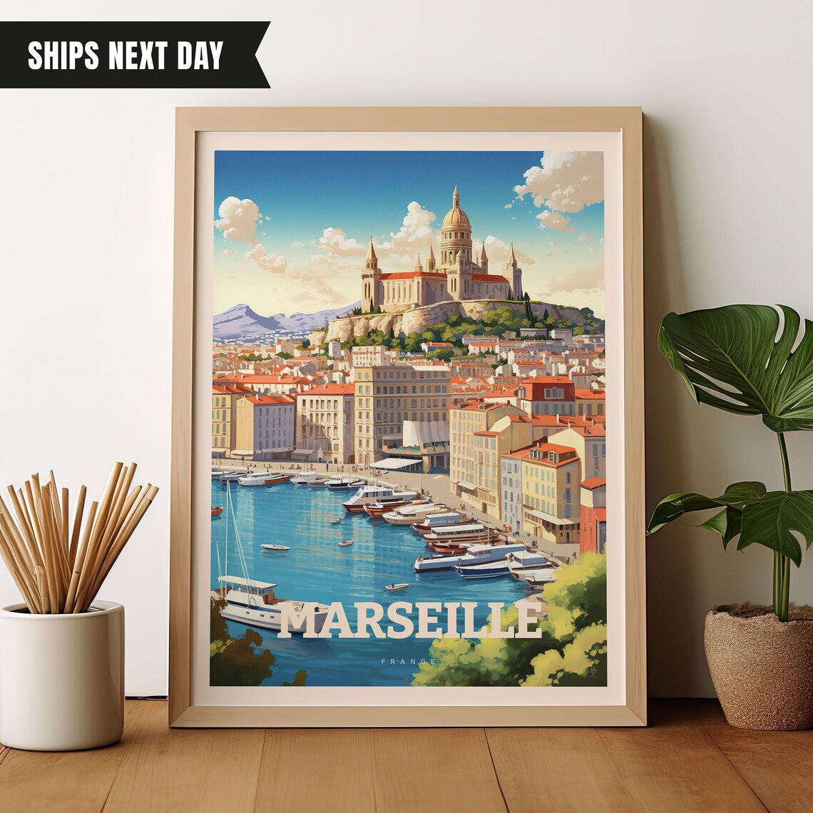 Marseille France Old Port Basilica Harbor Mediterranean Travel Poster