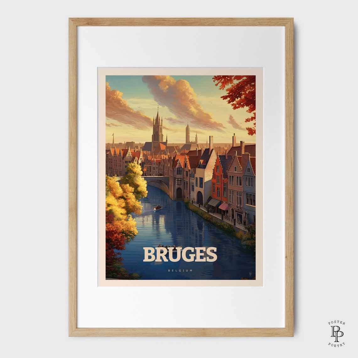 Bruges Belgium Medieval Canal Belfry Tower Autumn River View Poster - Image 4