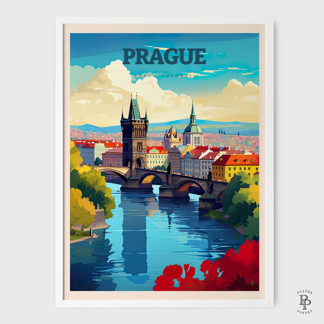 Prague Czech Republic Charles Bridge Old Town River Skyline Poster - Image 2