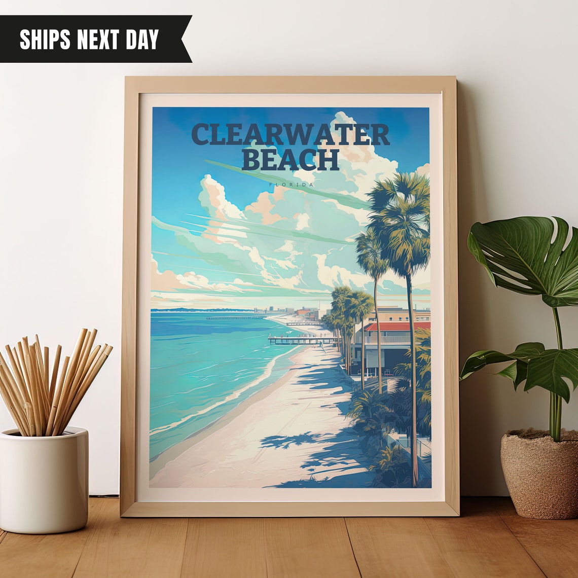 Clearwater Beach Florida Palm Lined White Sand Beach Travel Poster