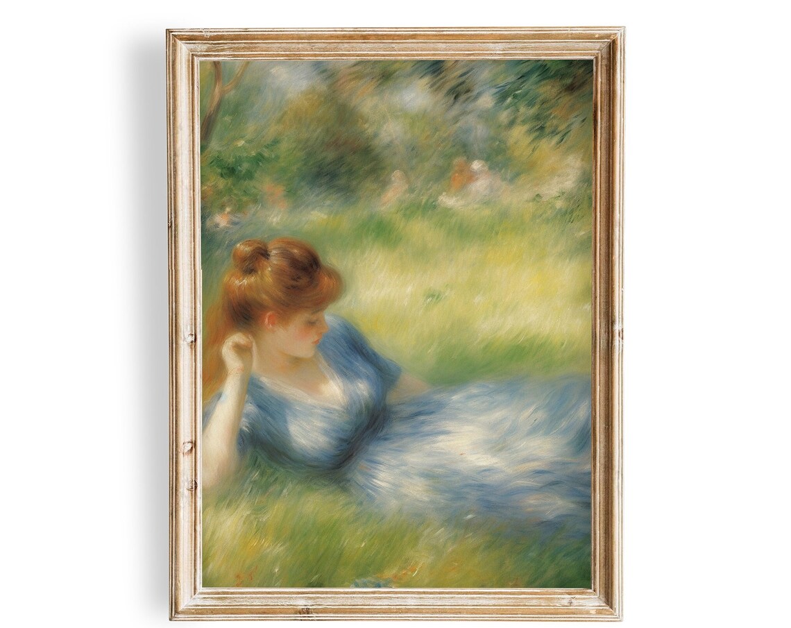 Woman in Blue Dress Vintage Portrait Reclining in Meadow Impressionist Poster - Image 2