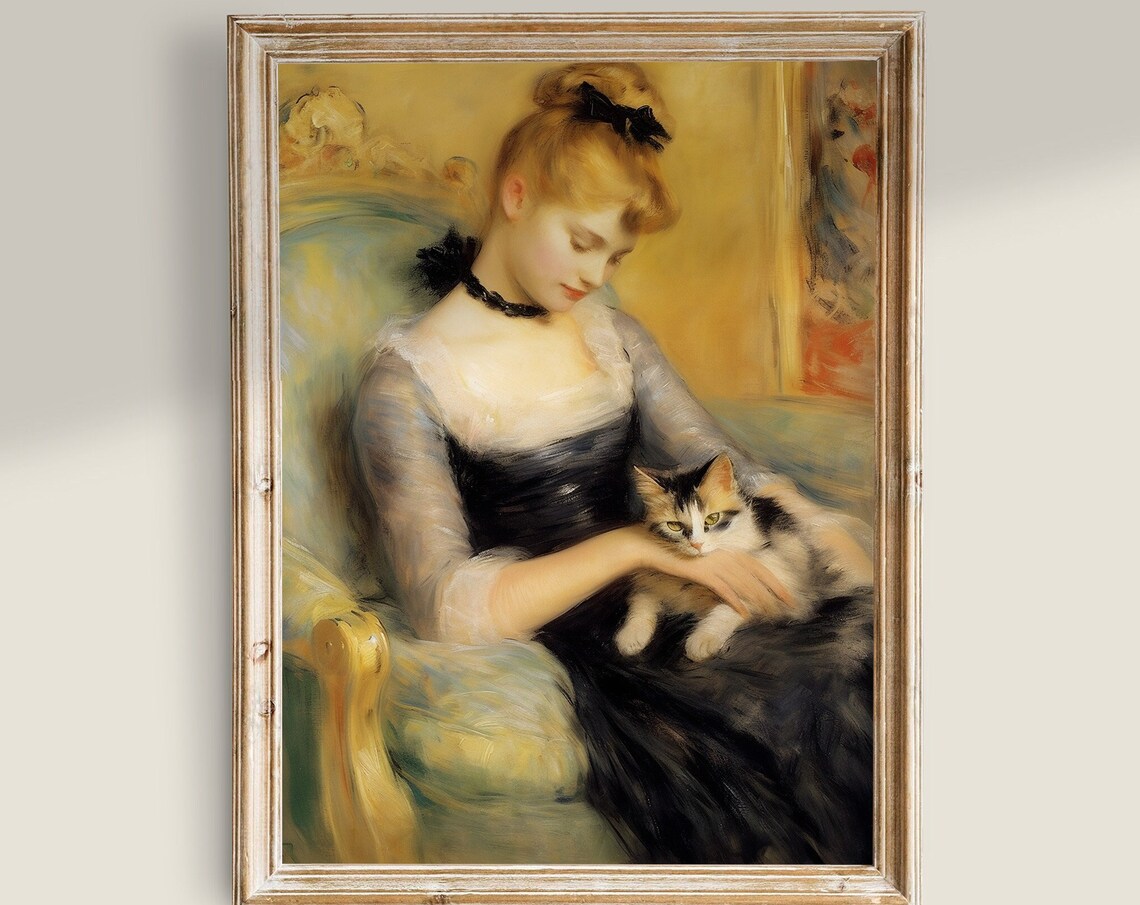 Woman With Cat Vintage Painting, Light Academia Art Print