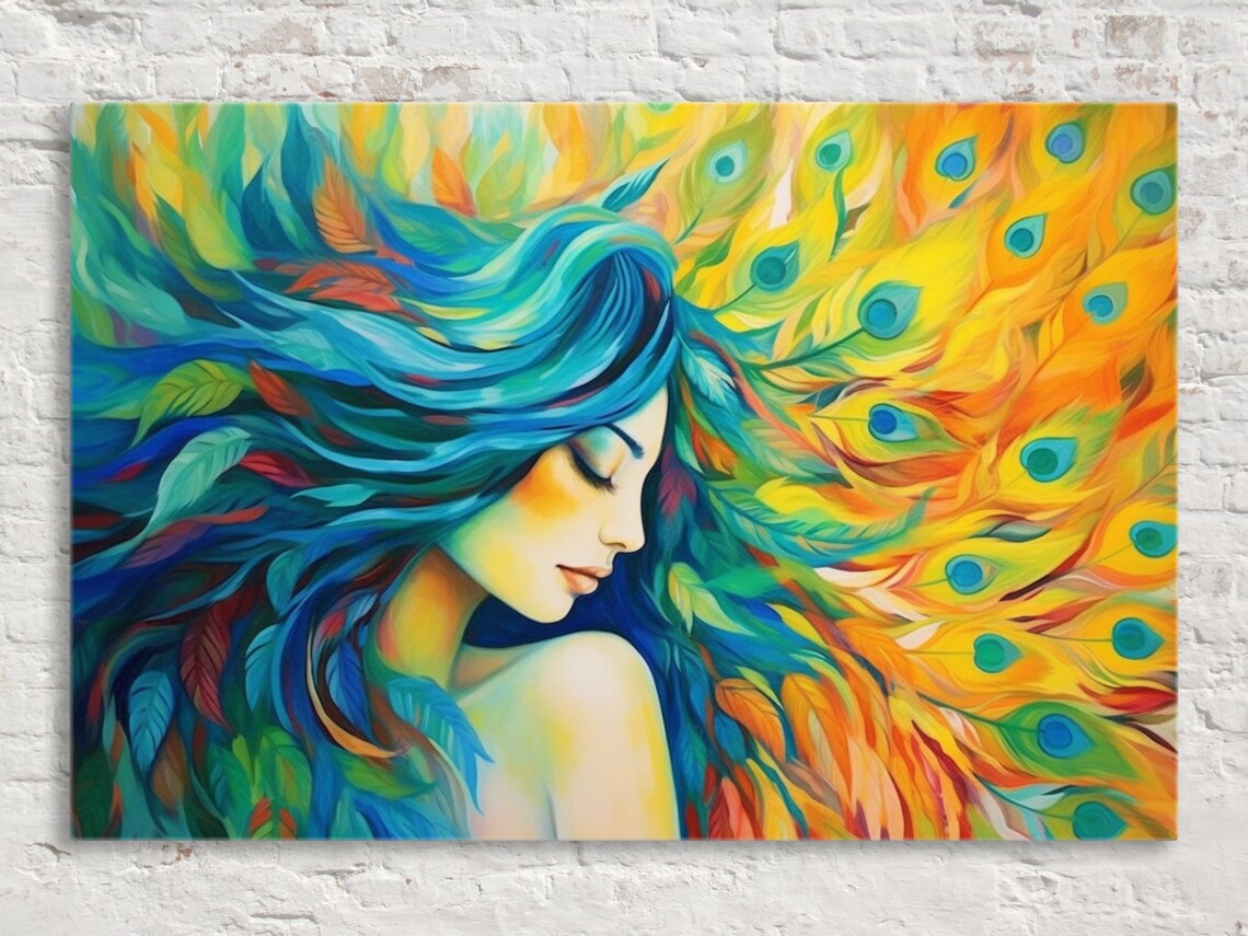 Golden Teal Hair Woman Peacock Feathers Dreamy Profile Art Poster