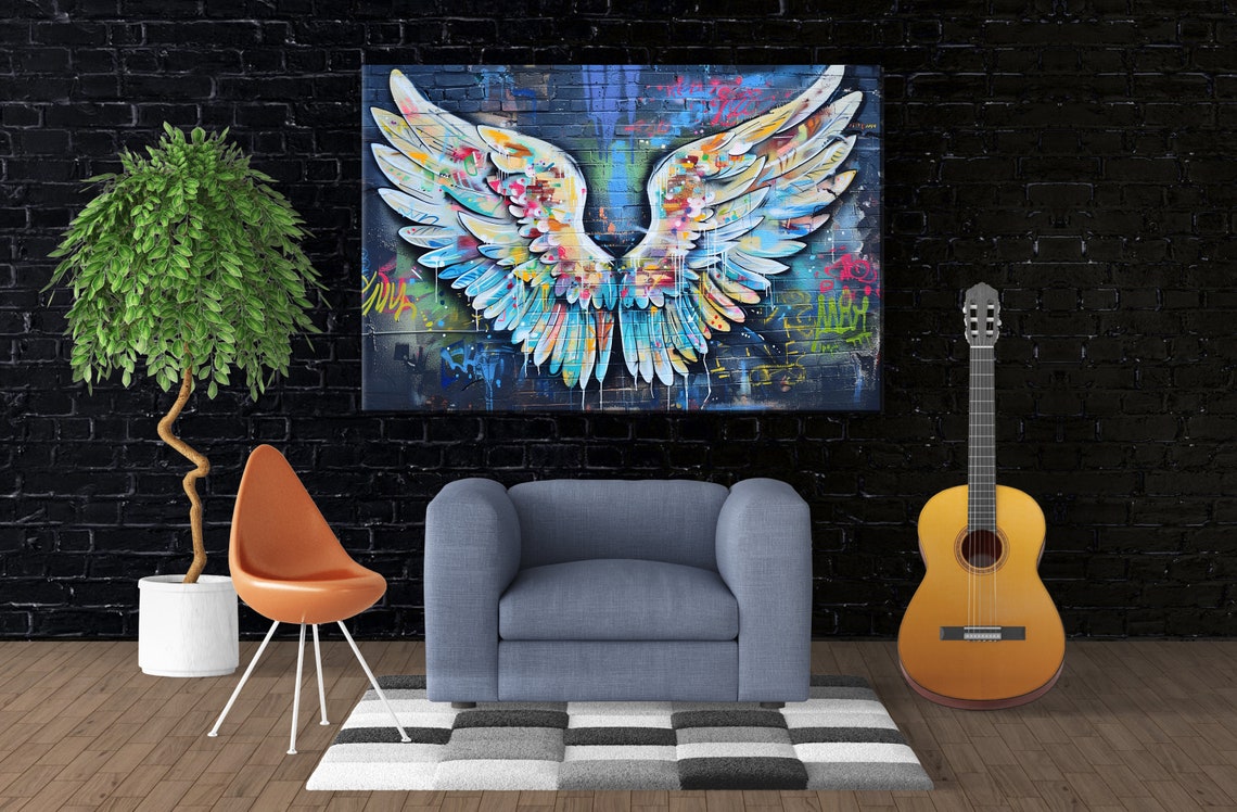 Colorful Graffiti Angel Wings Urban Brick Wall Street Art Print - Image 3