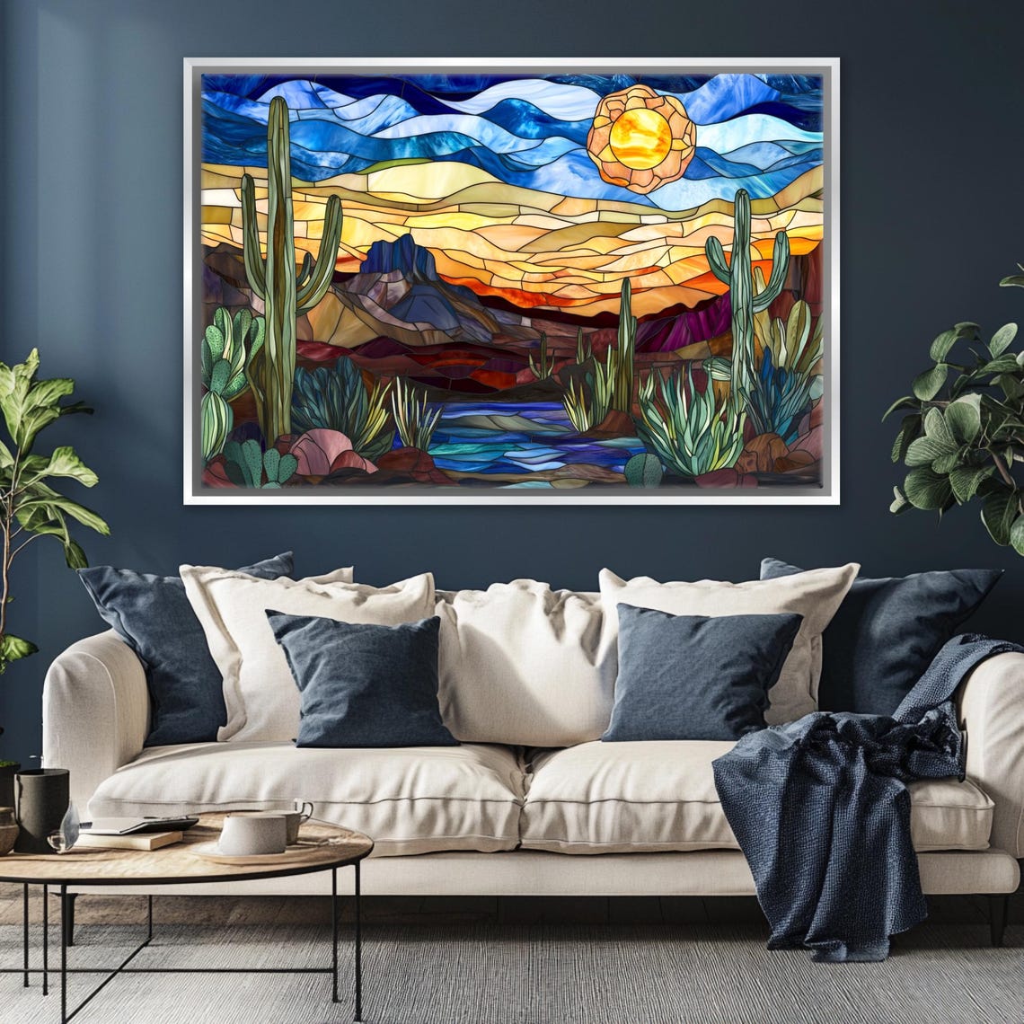 Stained Glass Desert Night Saguaro Cactus Under Sunset Sky Art Poster