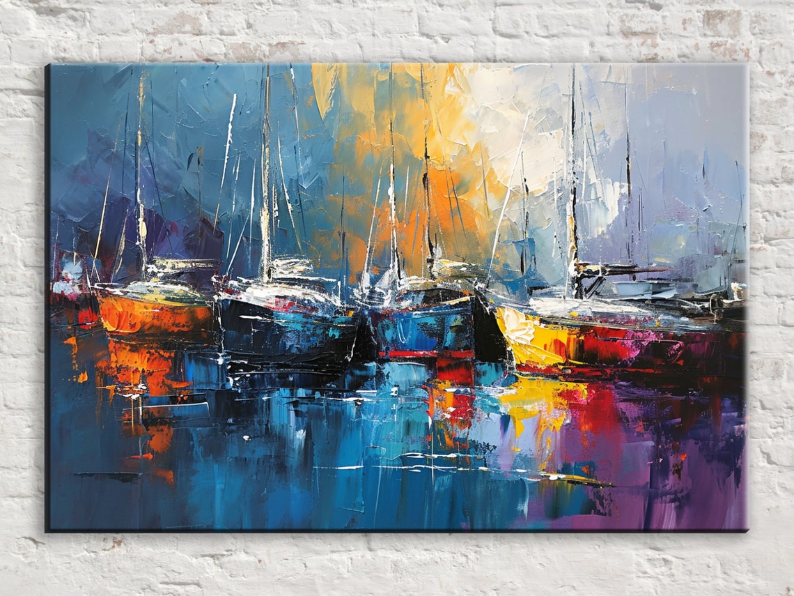 Sailboats Docked Harbor Blue Orange Impressionist Reflection Poster