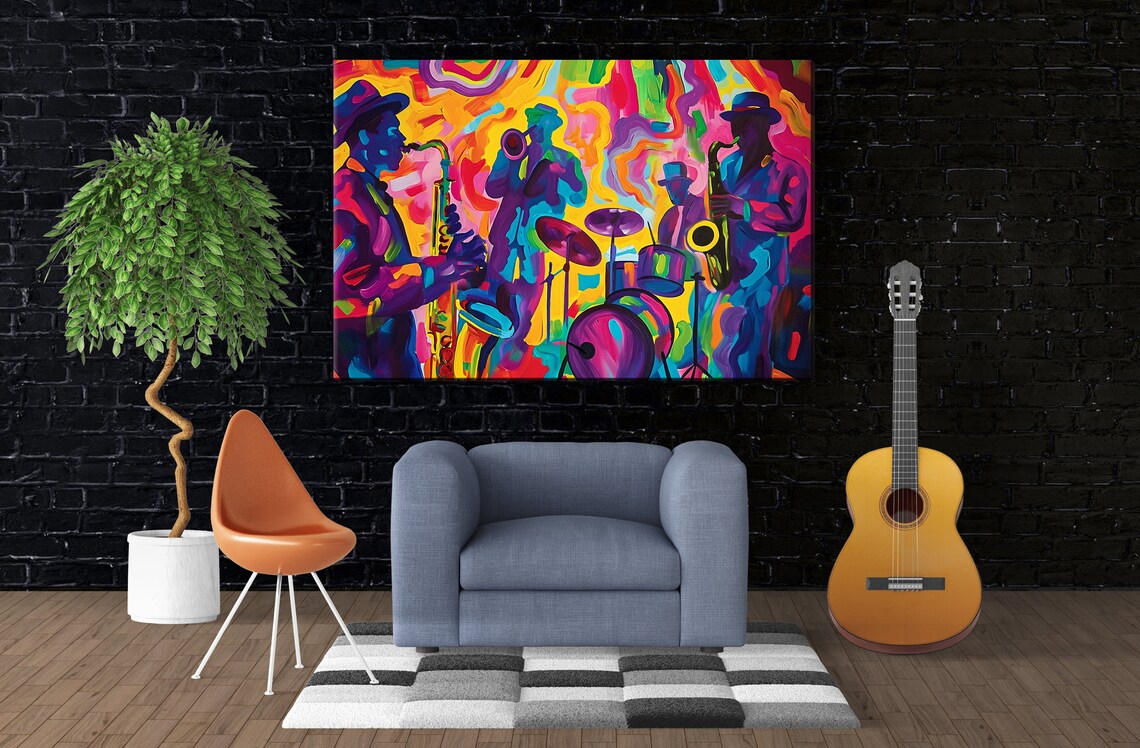 Abstract Neon Jazz Ensemble Silhouette Musicians Rainbow Stage Art Poster - Image 3