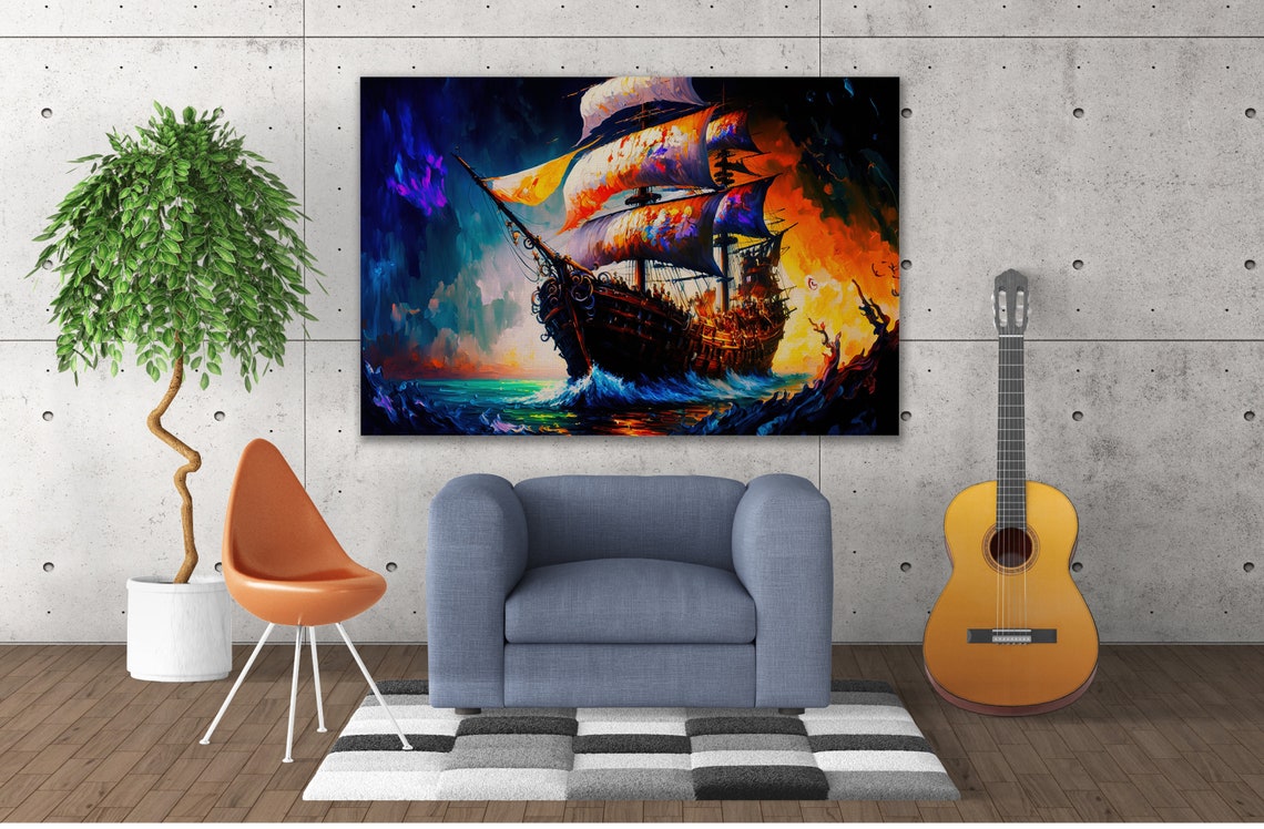 Haunted Pirate Ship Dark Waters Fiery Orange Sky Ghost Galleon Poster - Image 2