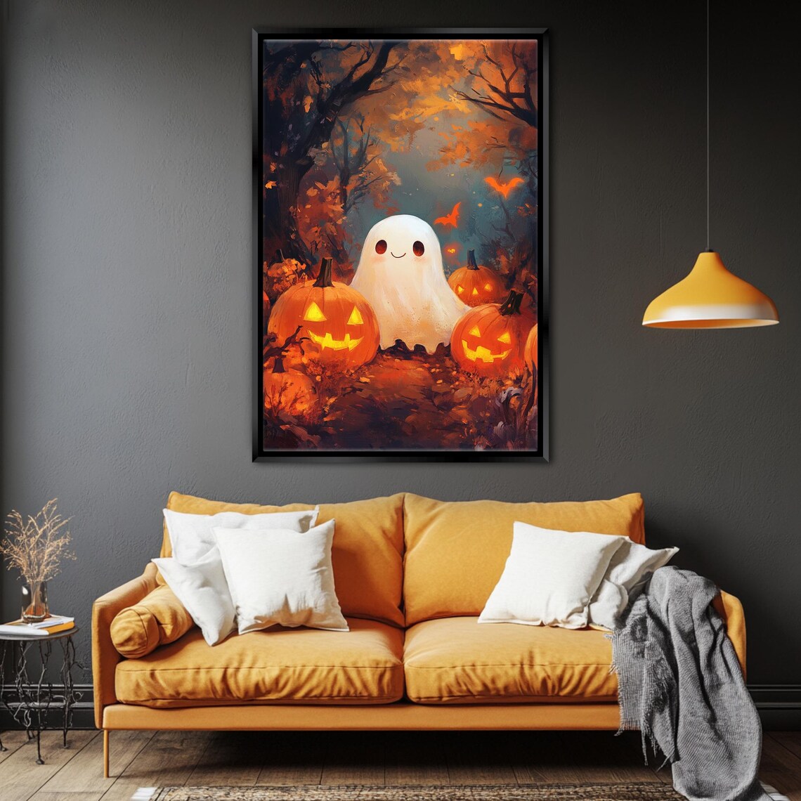 Cute Ghost With Jack O Lanterns Autumn Forest Night Halloween Art Poster - Image 4