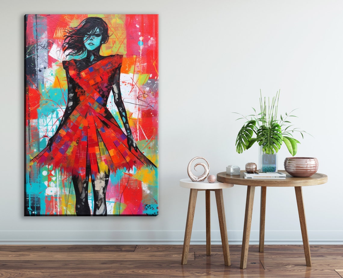 Woman In Red Pop Art Spraypaint Mixed Medium Wall Art Female Home Decor Interior Design Large Prints - Image 2