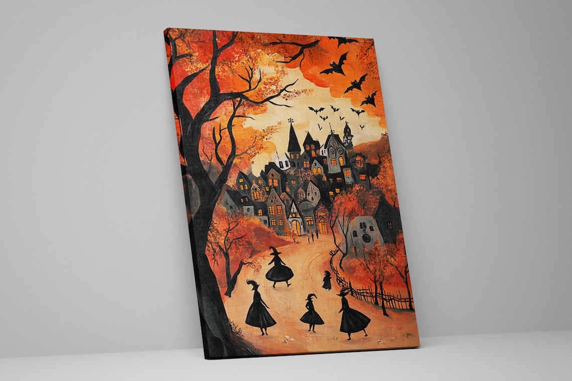 Halloween Witch Town Festive Scene Orange Sky Bats Spooky Village Wall Art - Image 2