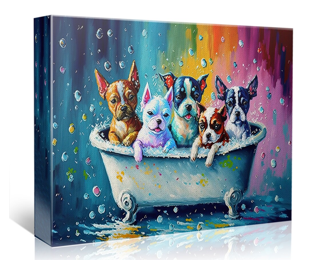 Five Cute Puppies in Bathtub Splash Playful Colorful Puppy Art Poster - Image 5