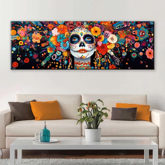 Panoramic Da De Los Muertos Latina Framed Or Unframed Long Horizontal Gallery Wrapped Gicle Ready To Hang Extra Large Wall Art