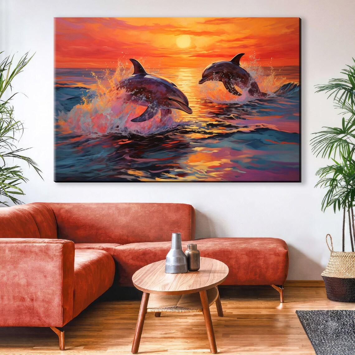 Ocean Harmony Twin Dolphins Swimming At Sunset Wall Decor Available In Extra Large Sizes - Image 3