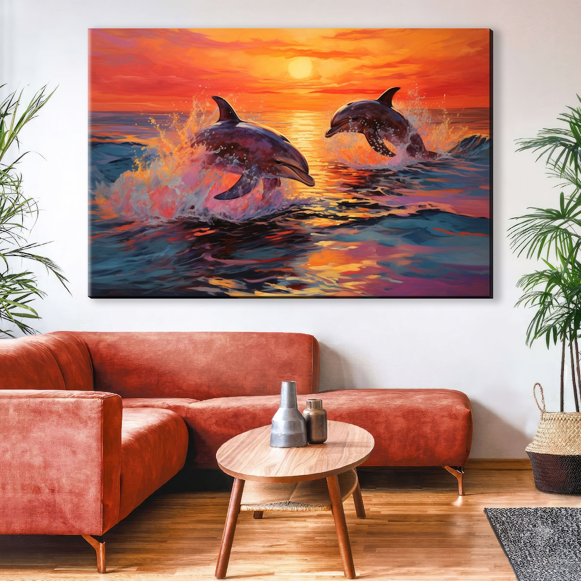 Playful Twin Dolphins Splashing Golden Sunset Waves Ocean Art Poster - Image 3