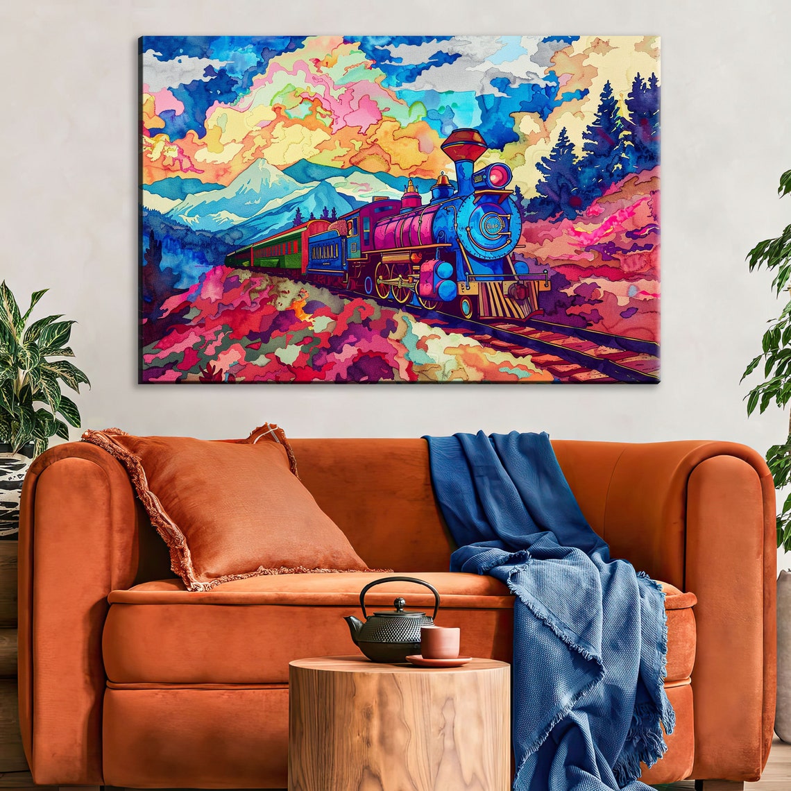 Watercolor Steam Train Blue Pink Pastel Mountain Landscape Poster - Image 2