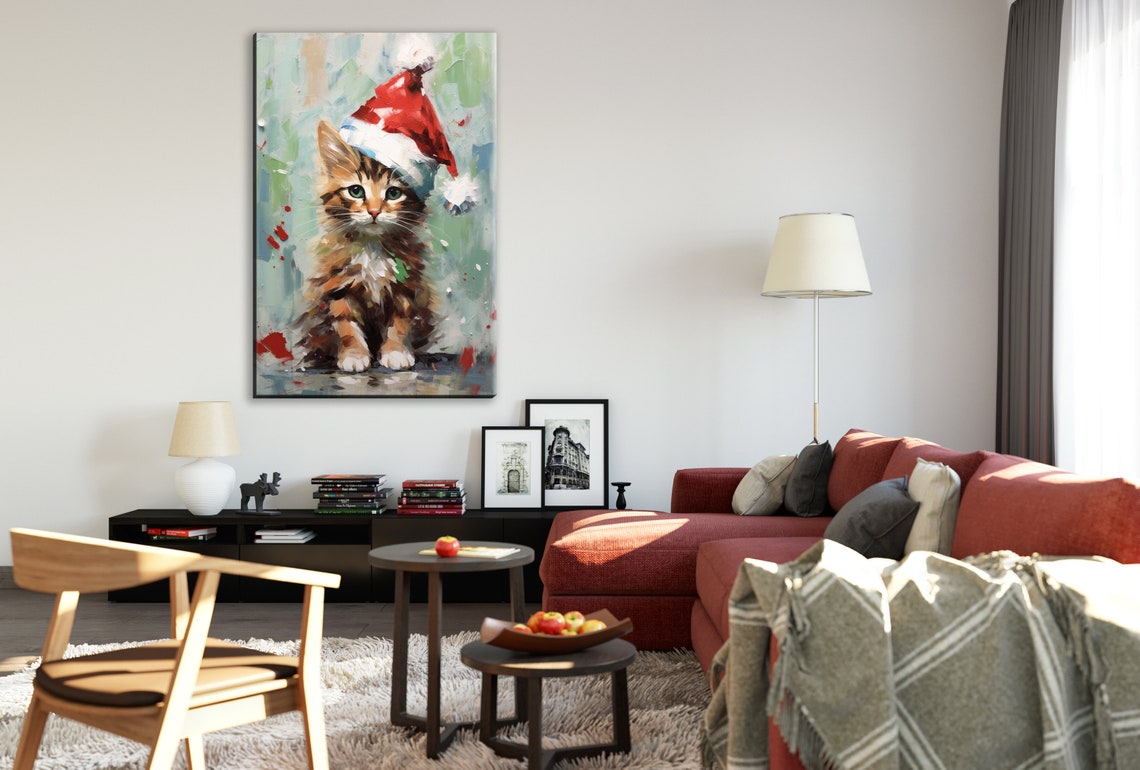 Sweet Tabby Kitten In Santa Hat Soft Christmas Cat Portrait Art Poster - Image 2