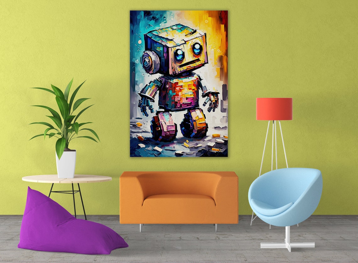 Cute Box Robot Big Blue Eyes Teal Orange Kids Room Art Poster - Image 4
