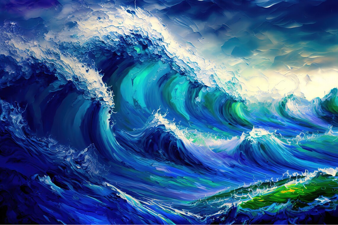 Blue Ocean Wave Surf Painting, Nautical Art Print - Image 5
