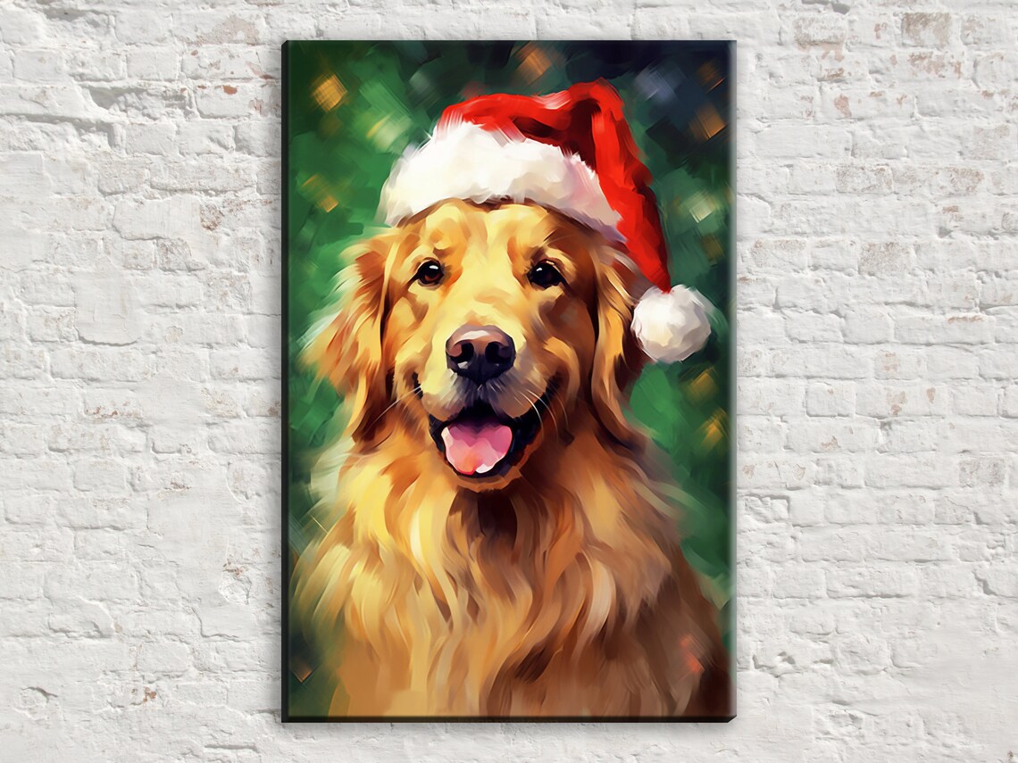Golden Retriever in Santa Hat Christmas Art Print