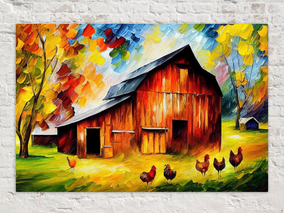 Red Barn Autumn Chickens Farmyard Colorful Oil Painting Art Poster