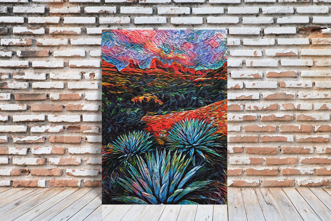 Southwest Desert Sunset Red Rocks Agave Impressionist Poster - Image 2