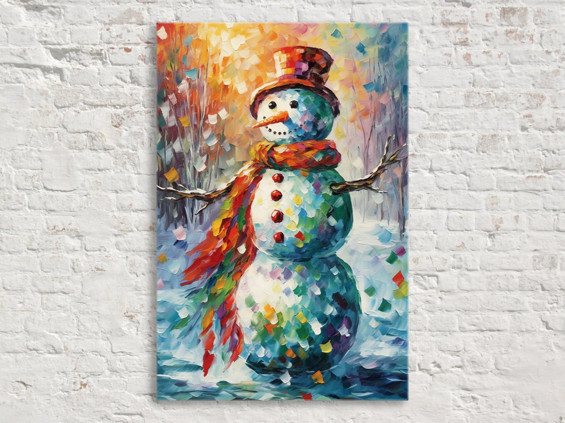 Mosaic Snowman Rainbow Scarf Sunset Glow Colorful Winter Art Print